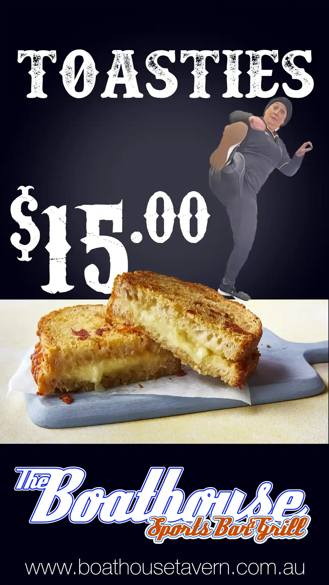 Toasties $15 TV advert for the Boathouse Sports Bar & Grill in Mandurah WA