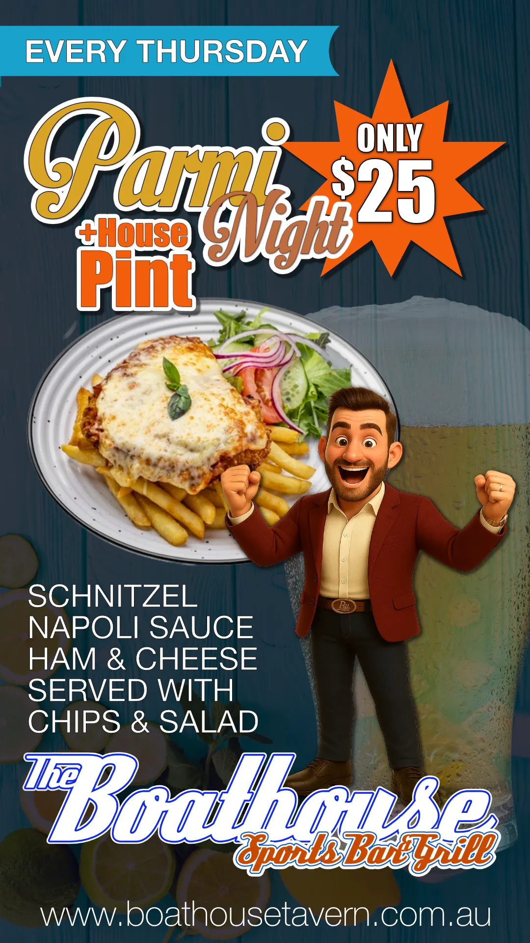 Weekly Thursday Chicken Parmi and Pint of House Beer $25 TV advert for the Boathouse Sports Bar & Grill in Mandurah WA