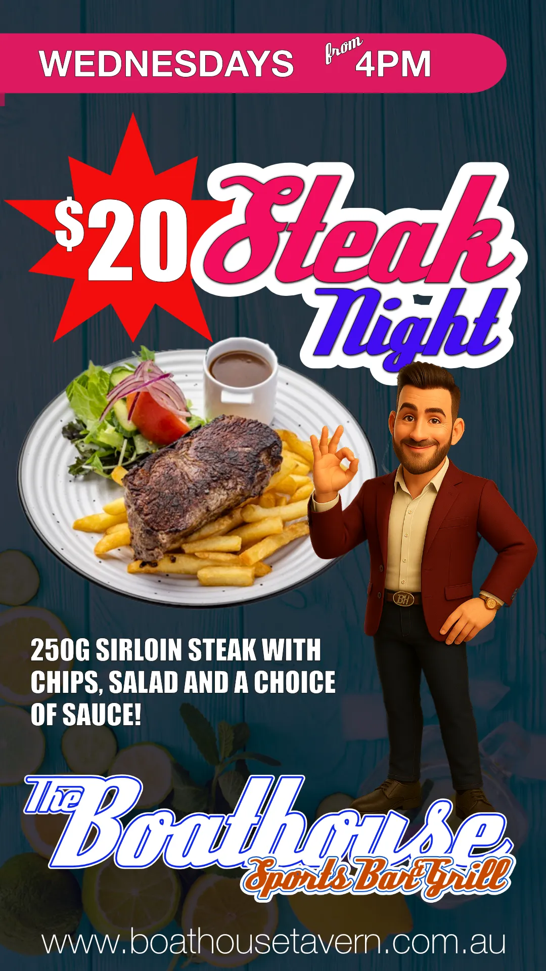 Weekly Wednesday Steak Night  $20 TV advert for the Boathouse Sports Bar & Grill in Mandurah WA