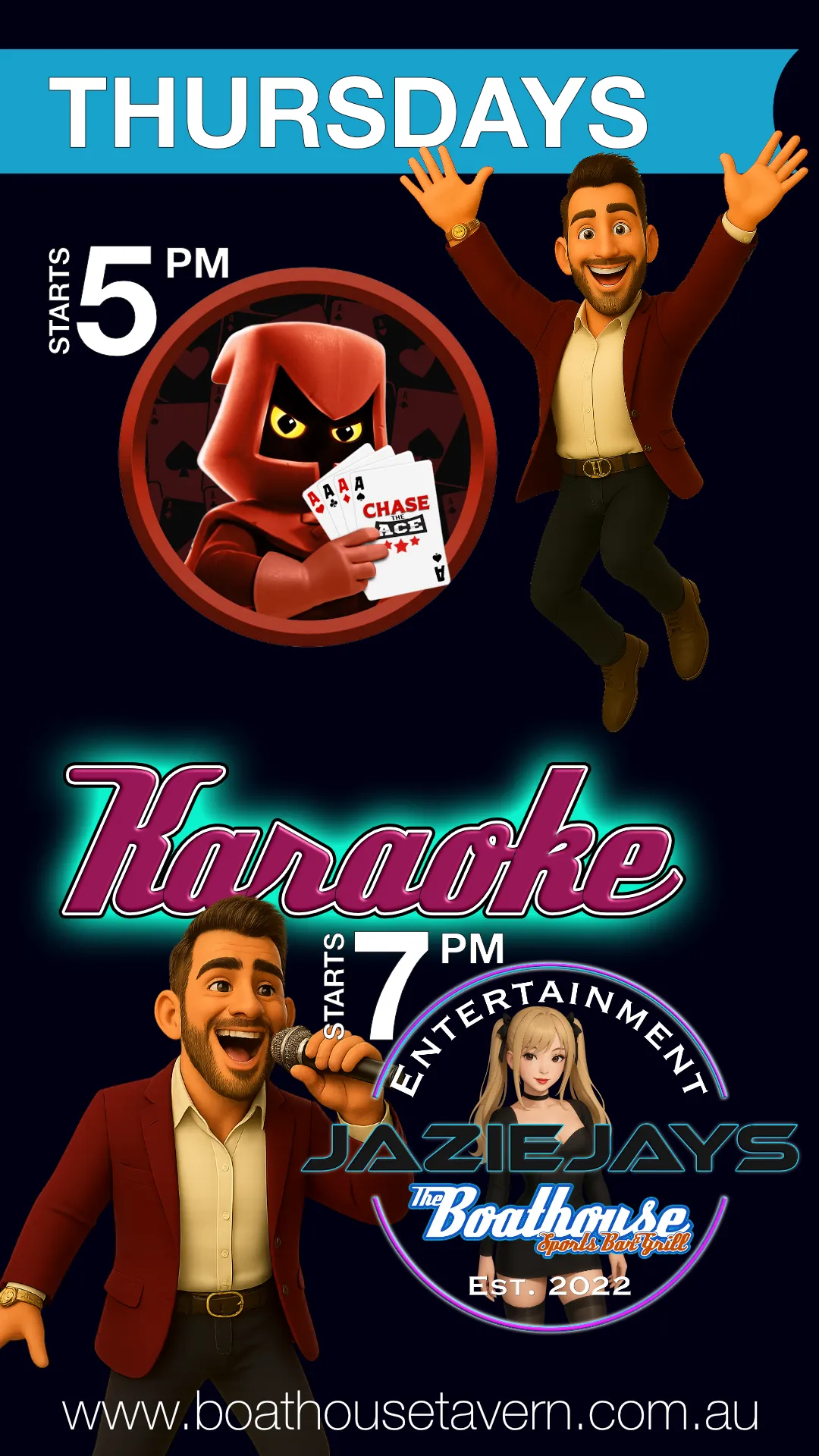 Weekly Thursday Chase the Aver and Karaoke advert for the Boathouse Sports Bar & Grill in Mandurah WA