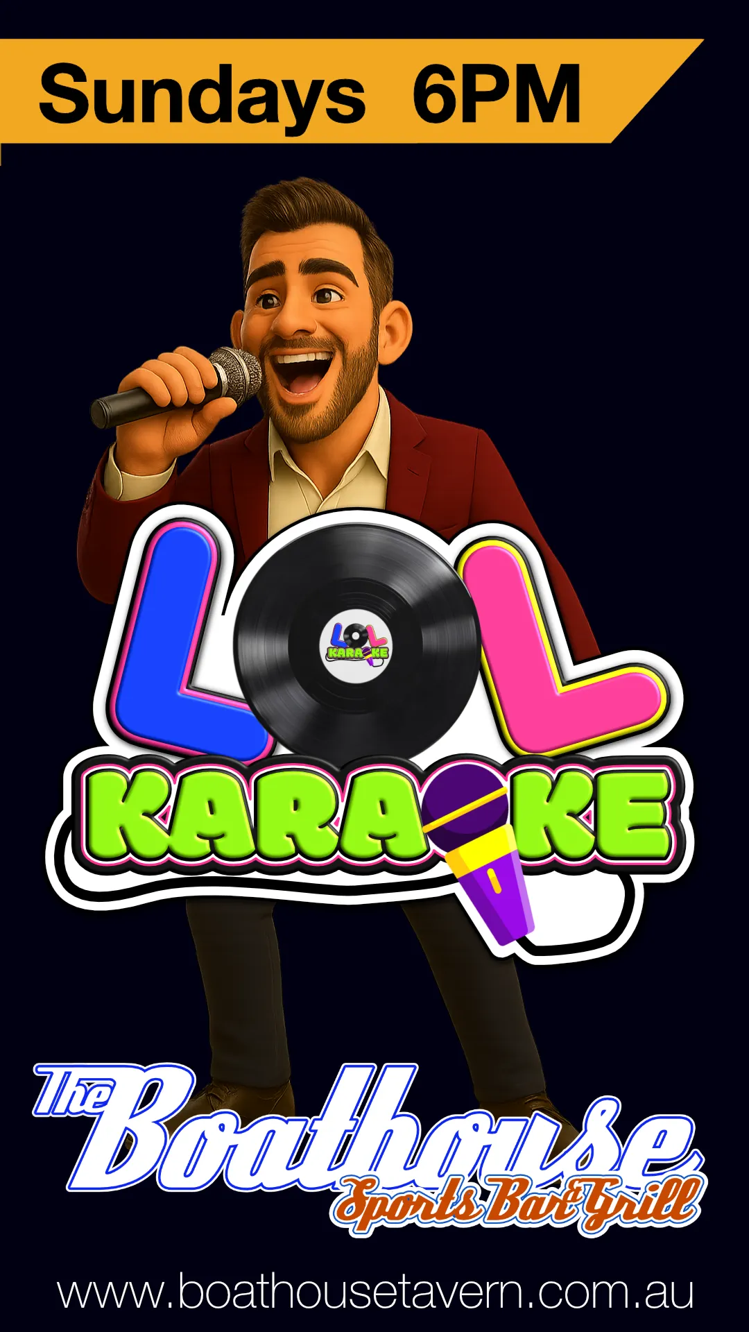 Weekly Sunday Karaoke TV advert for the Boathouse Sports Bar & Grill in Mandurah WA