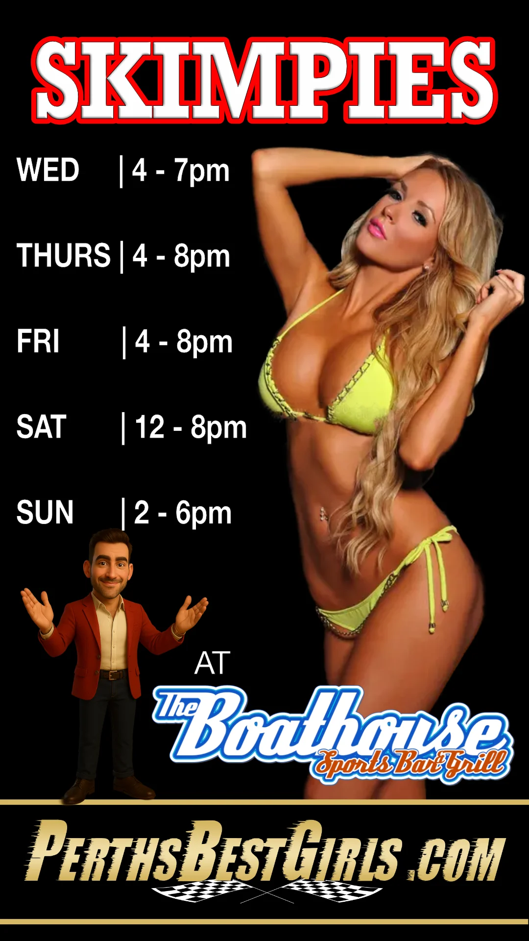 Skimpies Timetable TV advert for the Boathouse Sports Bar & Grill in Mandurah WA