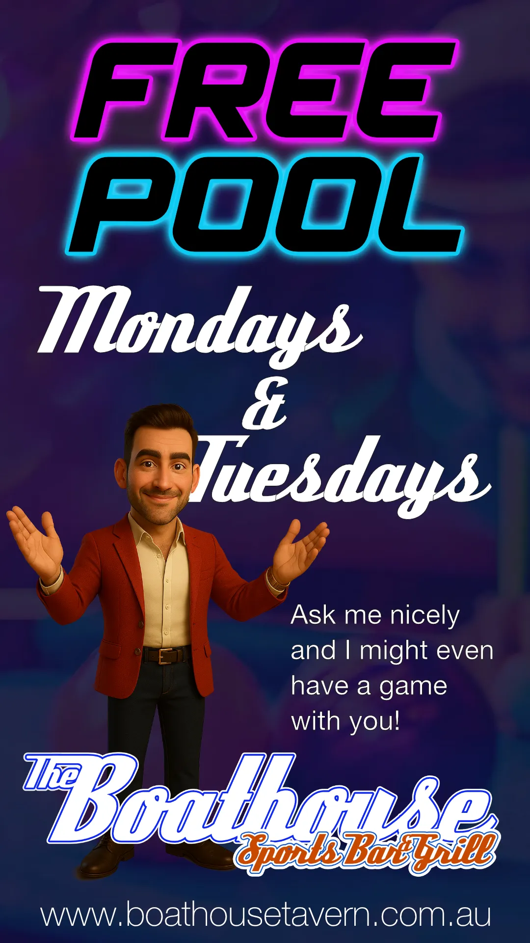 Weekly Monday & Tuesday Free Pool TV Advert for the Boathouse Sports Bar & Grill in Mandurah WA